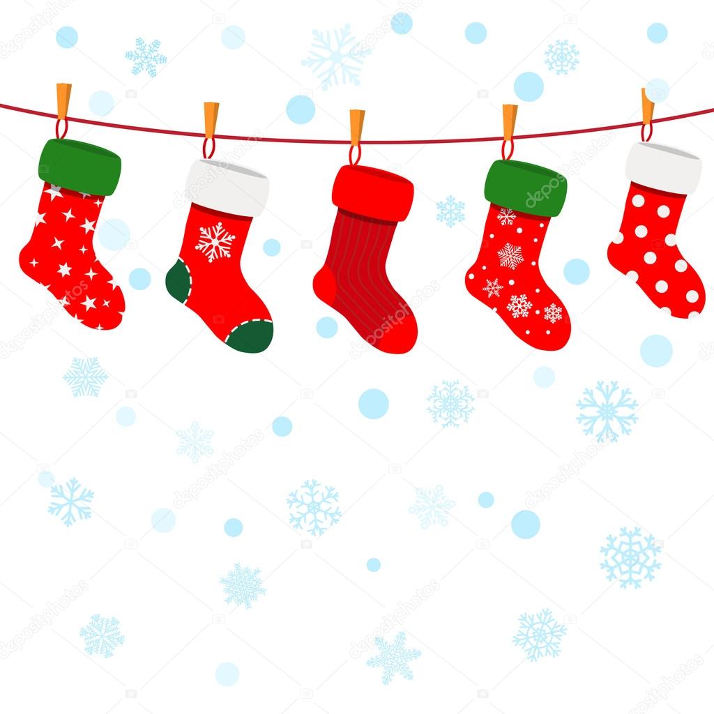 Christmas background with socks hanging on a rope