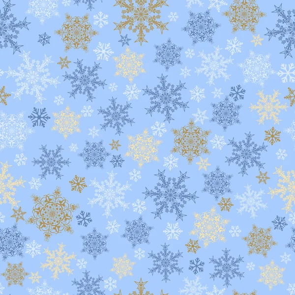 Nahtloses Muster von Schneeflocken, bunt auf hellblau — Stockvektor