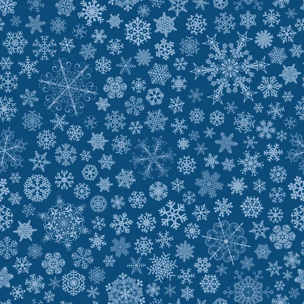 Patrón sin costuras de copos de nieve, azul claro sobre azul — Vector de stock