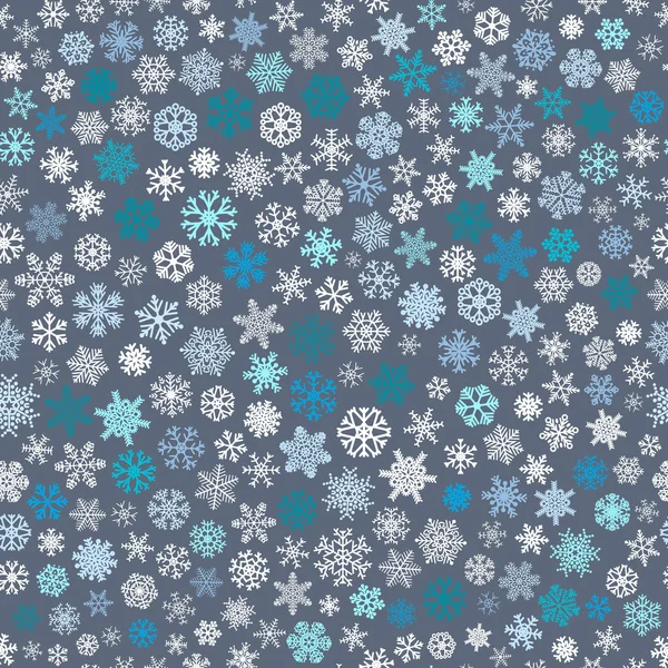 Nahtloses Muster von Schneeflocken, weiß und blau auf grau — Stockvektor