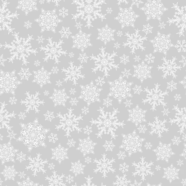 Patrón sin costuras de copos de nieve, blanco sobre gris — Vector de stock