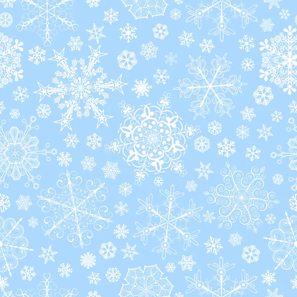 Naadloze patroon van sneeuwvlokken, wit op licht blauw — Stockvector