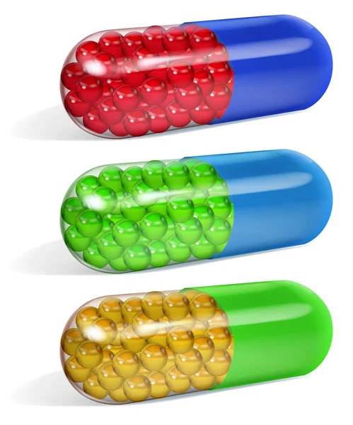 Set di capsule multicolori semi trasparenti oblunghe riempite con — Vettoriale Stock
