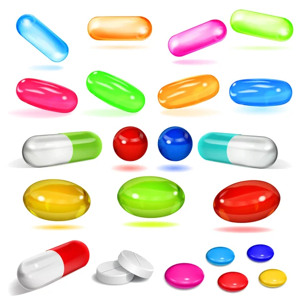 様々 な色とりどりのカプセルや錠剤のセット — ストックベクタ