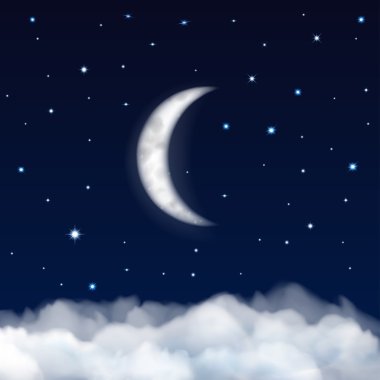 Night sky with moon, stars and clouds clipart