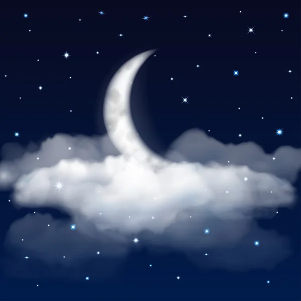 Cielo nocturno con luna, estrellas y nubes — Vector de stock