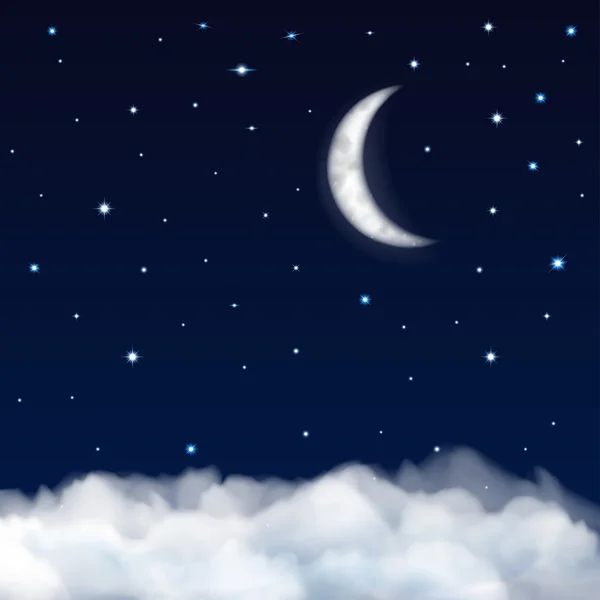 Cielo nocturno con luna, estrellas y nubes — Vector de stock