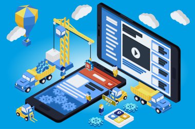 Mobil uygulama geliştirme, deneyimli ekip. Düz 3d izometrik