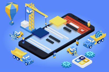 Mobil uygulama geliştirme, deneyimli ekip. Düz 3d izometrik