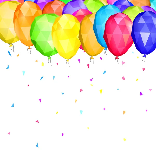 Låg polygona ballonger och konfetti — Stock vektor