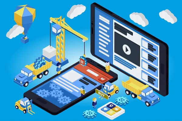 Mobil uygulama geliştirme, deneyimli ekip. Düz 3d izometrik