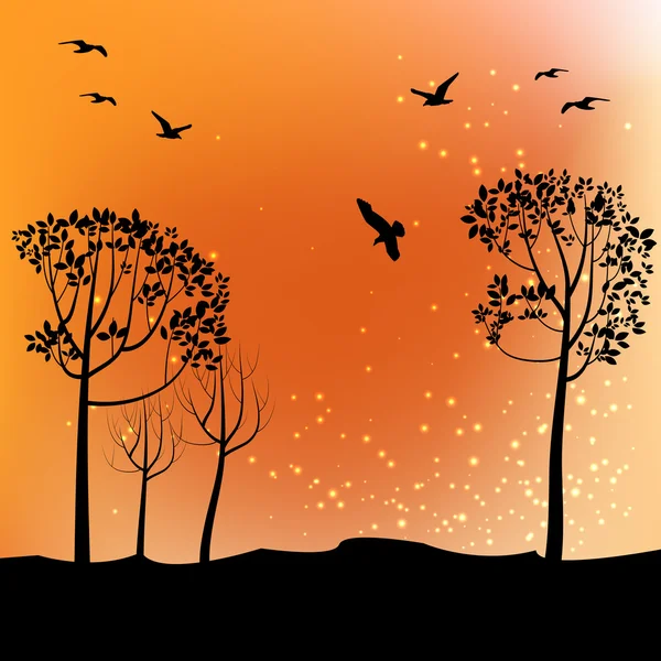 Höstlandskap med träd och fåglar — Stock vektor