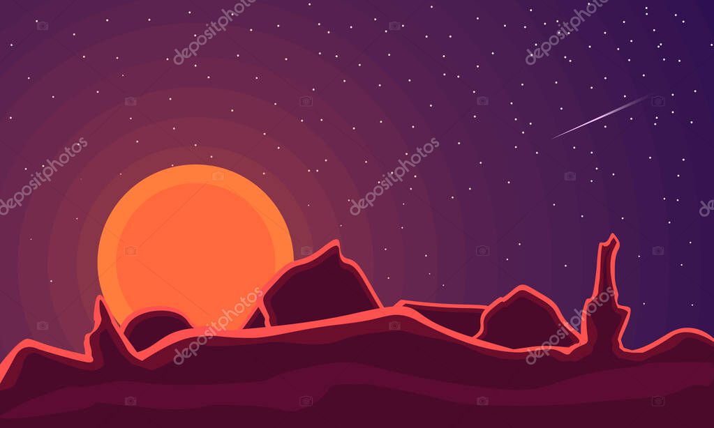 Abstract contemporary aesthetic landscape with sun, mountains. Mars planet tones