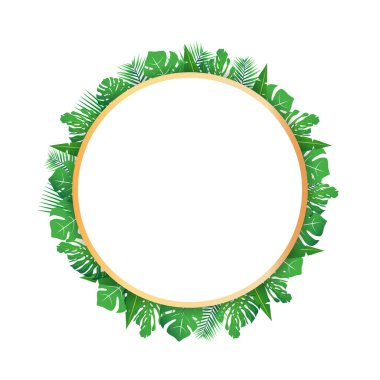 Elmas şekilli bir çerçevenin etrafındaki tropik yapraklar fotokopi uzayı. Pankart, el ilanı veya metin veya amblem için kopyalama alanı içeren parlak soyut arkaplan