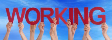 Many People Hands Holding Red Straight Word Working Blue Sky
