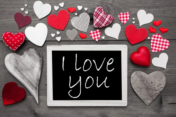 Black And White Chalkbord, Red Hearts, I Love You — Stock fotografie