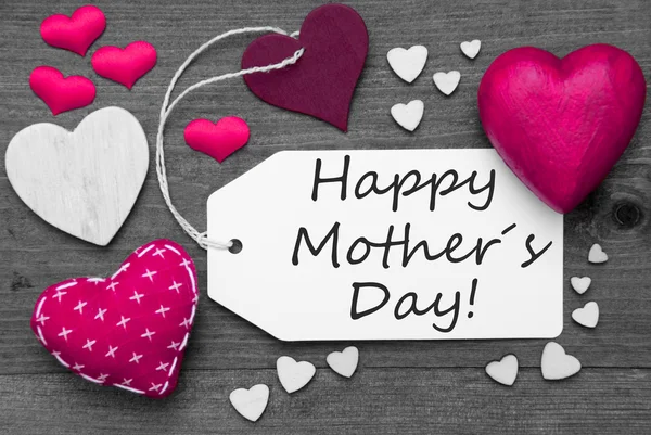 Black And White Label, Pink Hearts, Text Happy Mothers Day — Stock Photo, Image