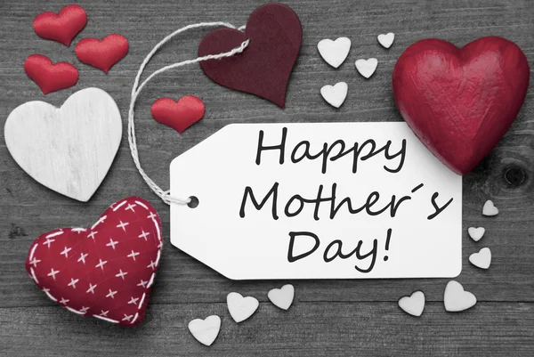Svart och vitt etikett, röda hjärtan, text Happy mors dag — Stockfoto