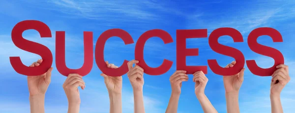 Many People Hands Holding Red Straight Word Success Blue Sky — Stock Photo, Image