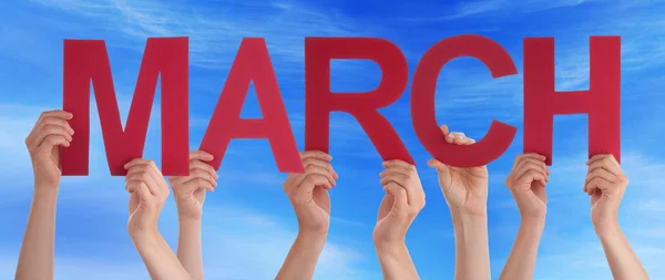 Many People Hands Holding Red Straight Word March Blue Sky — Stock Photo, Image