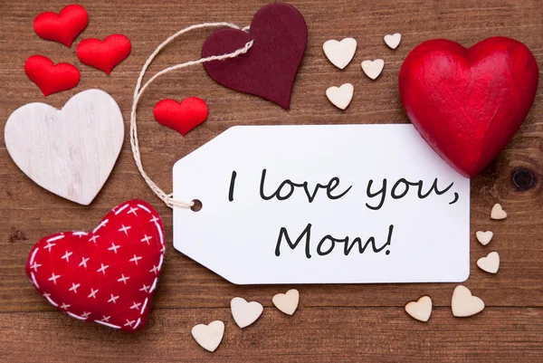 Etykieta z czerwonymi sercami i tekstem kocham cię mamo — Zdjęcie stockowe