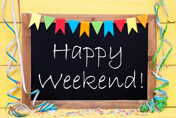 Schoolbord met feestdecoratie, tekst gelukkig weekend — Stockfoto