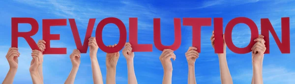 Many People Hands Holding Red Straight Word Revolution Blue Sky — Stockfoto