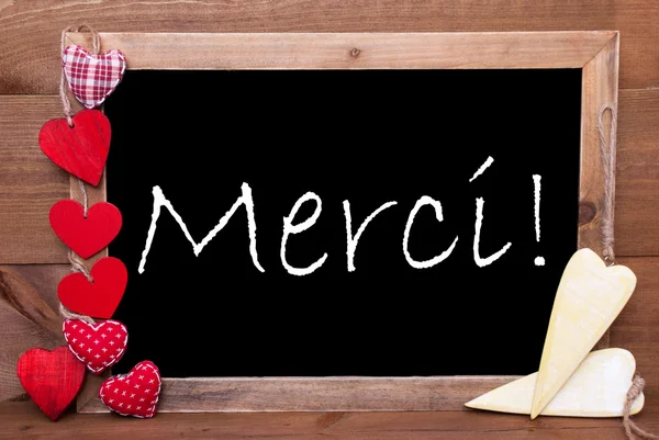 One Chalkbord, Red And Yellow Hearts, Merci Means Thank You — Stock Photo, Image