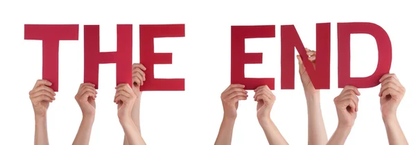 People Hands Holding Red Straight Word The End — Stock Photo, Image