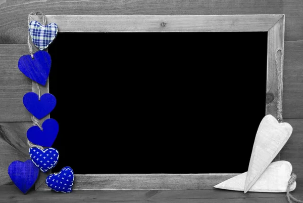 Black And White Blackbord, Blue Hearts, Copy Space — Stock Photo, Image