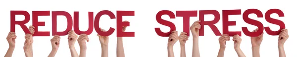 People Hands Holding Red Straight Word Reduce Stress — Stockfoto