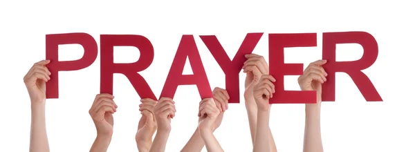 Many People Hands Holding Red Straight Word Prayer — Stock Photo, Image