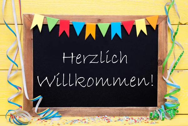 Chalkboard With Party Decoration, Text Herzlich Willkommen Means Welcome — ストック写真