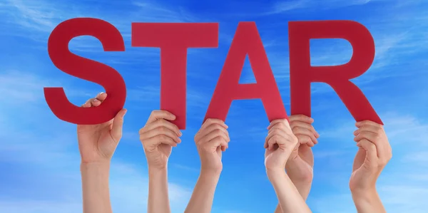 Many People Hands Holding Red Straight Word Star Blue Sky — Stock Photo, Image