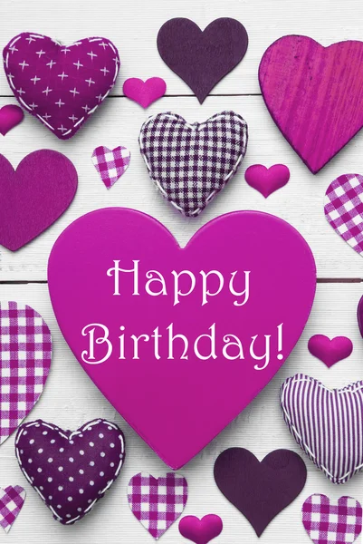Cartão vertical com textura roxa do coração, feliz aniversário — Fotografia de Stock