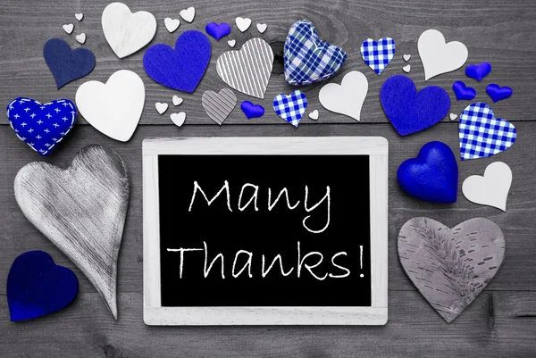 Chalkbord With Blue Hearts, Many Thanks — Stock Photo, Image