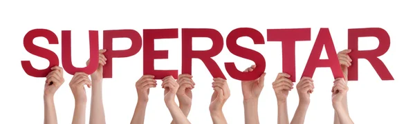 Many People Hands Holding Red Straight Word Superstar — Stock Photo, Image