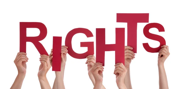 Many People Hands Holding Red Word Rights — Stock Photo, Image