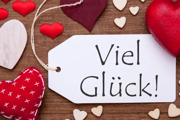 Bir Etiket, Red Hearts, Viel Glueck İyi Şanslar, Makro Anlamına Gelir — Stok fotoğraf