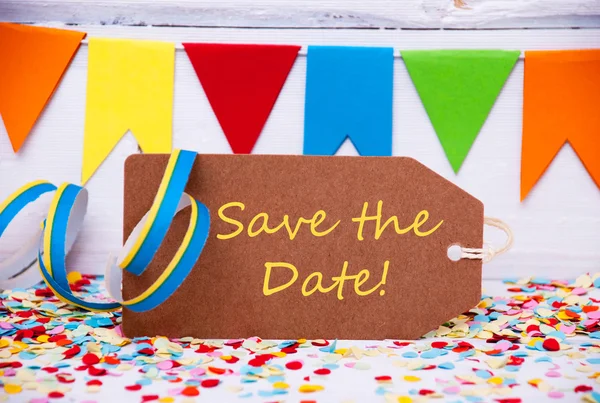 Label With Party Decoration, Text Save The Date — Stockfoto