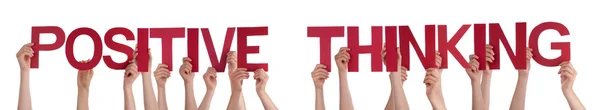 People Hands Holding Red Straight Word Positive Thinking — Stock Photo, Image