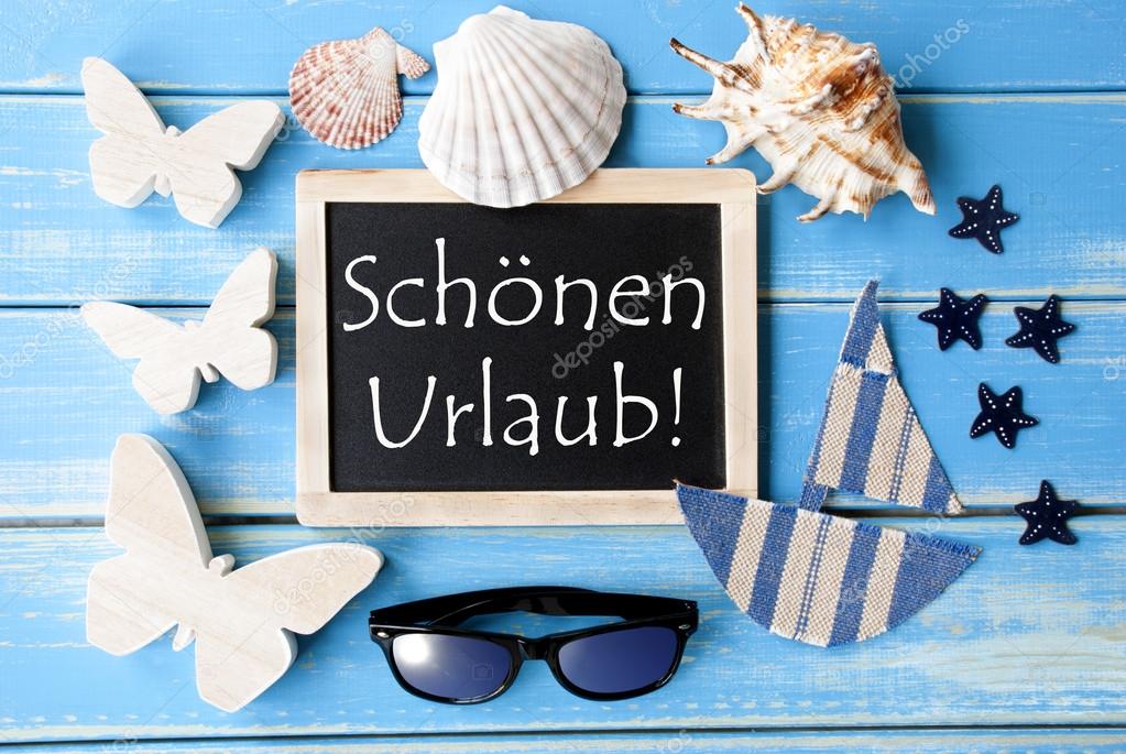 Blackboard With Maritime Decoration, Schoenen Urlaub Means Happy