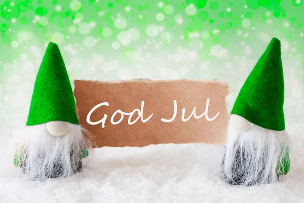 Green Natural Gnomes With Card, God Jul Means Merry Christmas — Stock Photo, Image