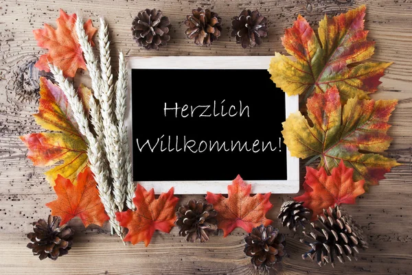 Lavagna con la decorazione di autunno, Willkommen significa benvenuto — Foto Stock