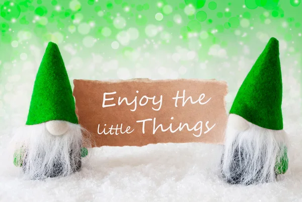 Zöld Natural Gnomes kártyával, idézet élvezze a kis dolgok — Stock Fotó