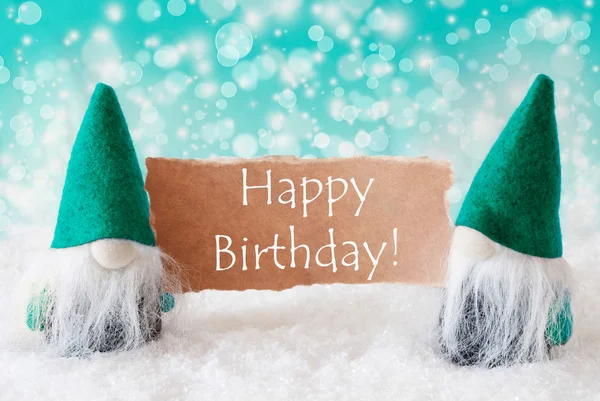 Turqoise Gnomes With Card, Happy Birthday — Stock Photo, Image