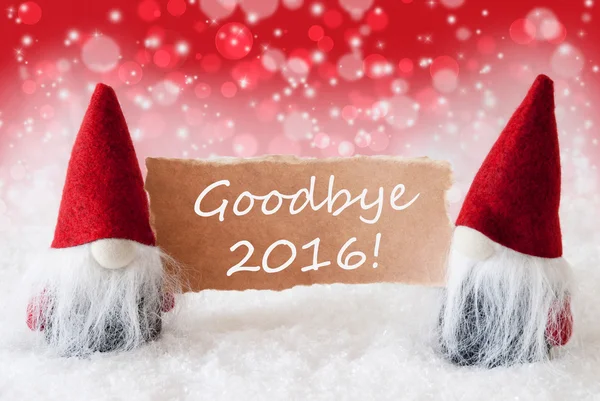 Red Christmassy Gnomové s kartou, text na rozloučenou 2016 — Stock fotografie