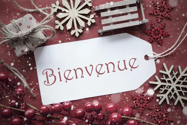 Nostalgiczne Dekoracje świąteczne, etykieta z Bienvenue oznacza Witamy — Zdjęcie stockowe