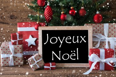 Kar Taneleri ile Renkli Ağaç, Joyeux Noel Mutlu Noeller anlamına gelir