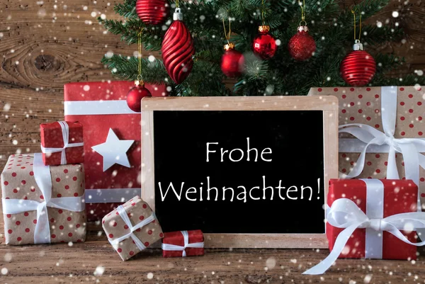 Árvore colorida com flocos de neve, Frohe Weihnachten significa Feliz Natal — Fotografia de Stock